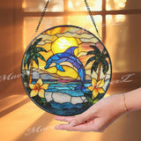 Dolphin Stained Glass Suncatcher, Tropical Sunset Ocean Panel, Beach Decor Window Hanging, Coastal Sea Art, Summer Home Glass Gift
