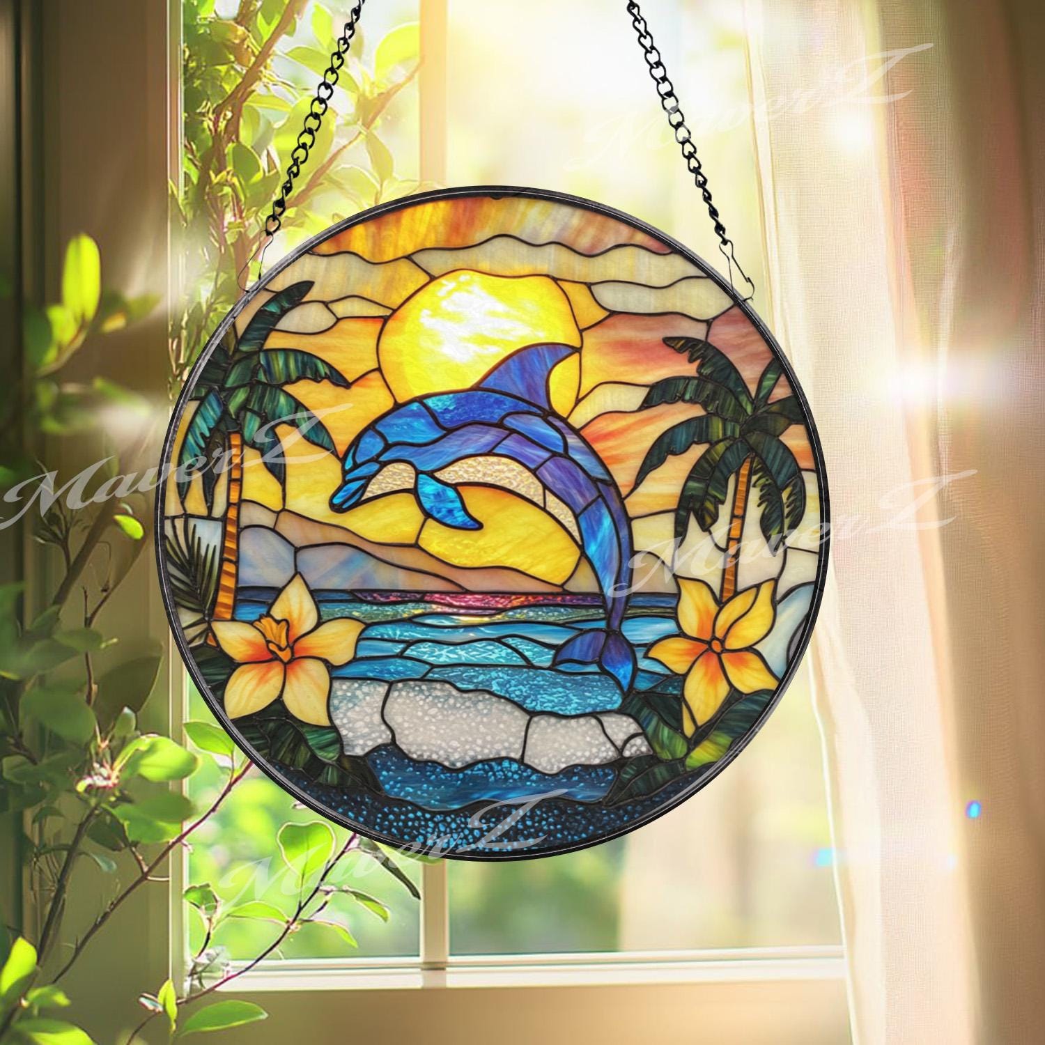 Dolphin Stained Glass Suncatcher, Tropical Sunset Ocean Panel, Beach Decor Window Hanging, Coastal Sea Art, Summer Home Glass Gift