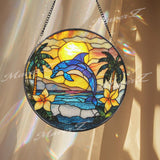 Dolphin Stained Glass Suncatcher, Tropical Sunset Ocean Panel, Beach Decor Window Hanging, Coastal Sea Art, Summer Home Glass Gift