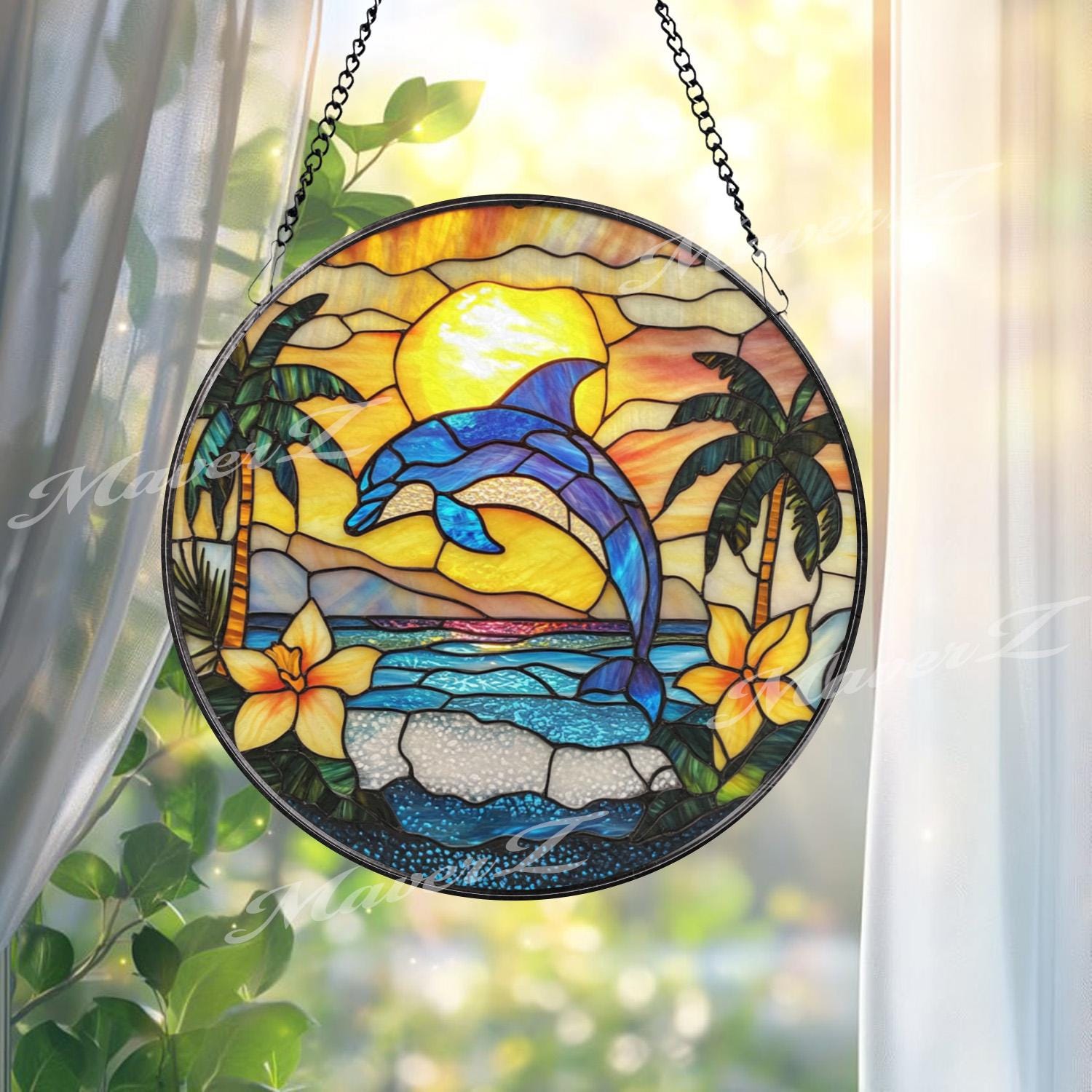 Dolphin Stained Glass Suncatcher, Tropical Sunset Ocean Panel, Beach Decor Window Hanging, Coastal Sea Art, Summer Home Glass Gift