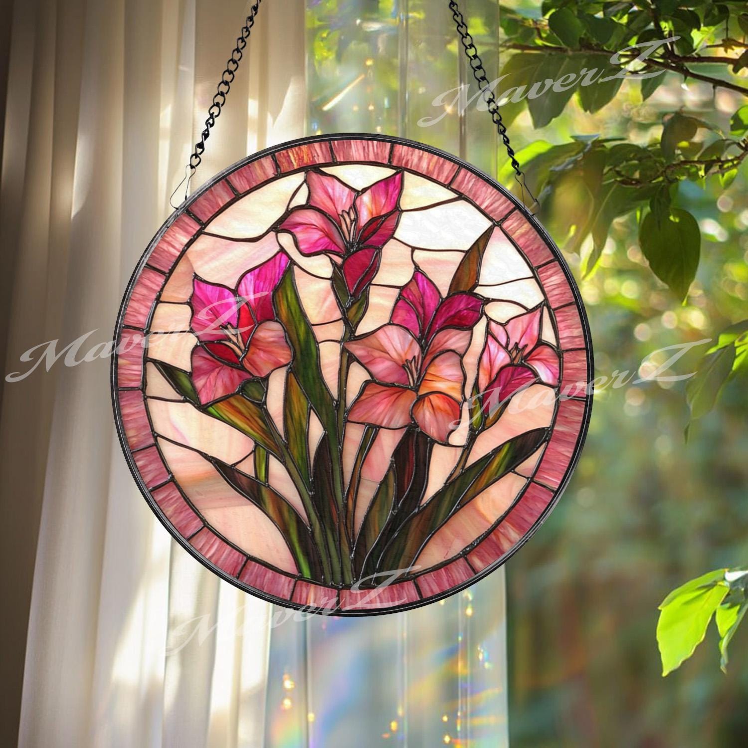 Pink Gladiolus Stained Glass Suncatcher, Floral Window Panel Hanging Gift, Elegant Botanical Flower Decor, Handmade Glass for Garden Lovers