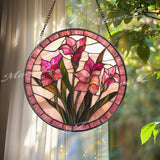 Pink Gladiolus Stained Glass Suncatcher, Floral Window Panel Hanging Gift, Elegant Botanical Flower Decor, Handmade Glass for Garden Lovers