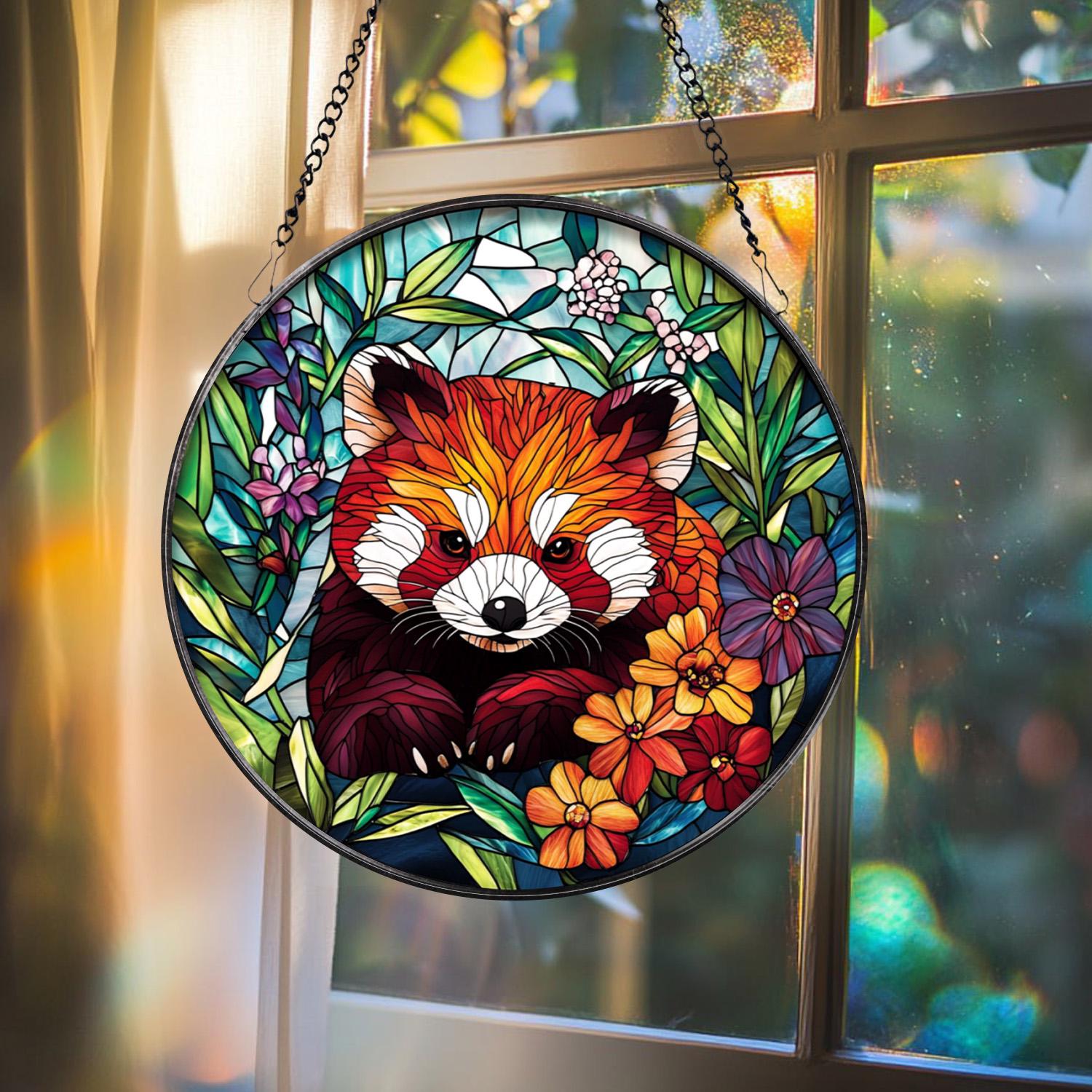 Cute Red Panda Glass Suncatcher, Wildlife Window Art for Animal Lovers, Unique Glass Decor for Bedroom, Living Room, or Office Space