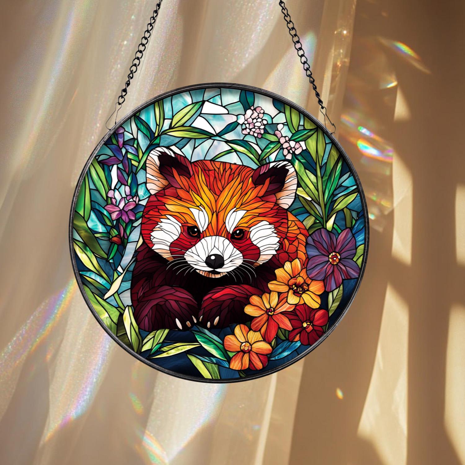 Cute Red Panda Glass Suncatcher, Wildlife Window Art for Animal Lovers, Unique Glass Decor for Bedroom, Living Room, or Office Space