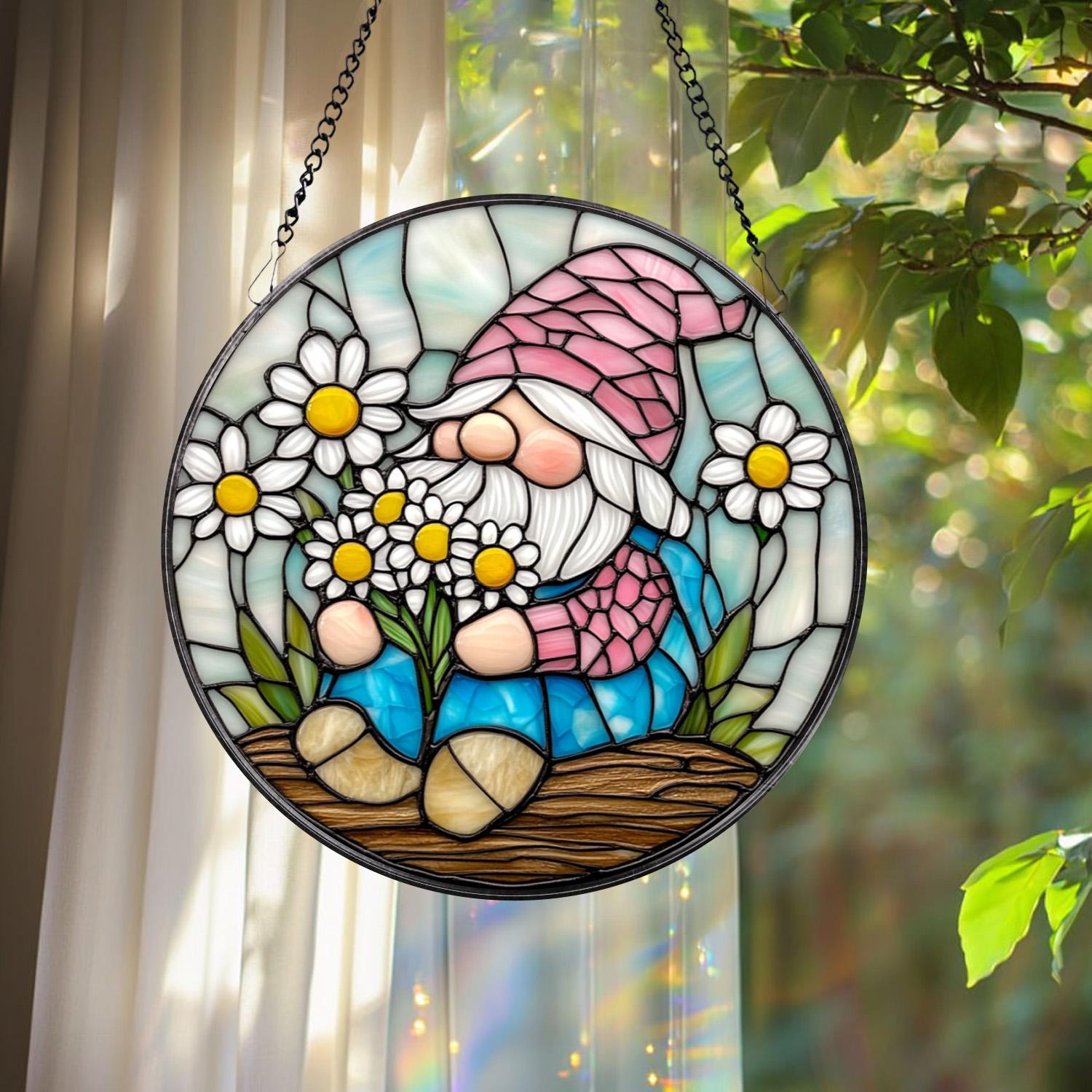 Adorable Spring Gnome Glass Suncatcher, Fairy Garden Decor, Flower Gnome Window Art, Unique Gift for Her, Cute Garden-Themed Home Accent