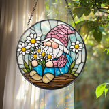 Adorable Spring Gnome Glass Suncatcher, Fairy Garden Decor, Flower Gnome Window Art, Unique Gift for Her, Cute Garden-Themed Home Accent