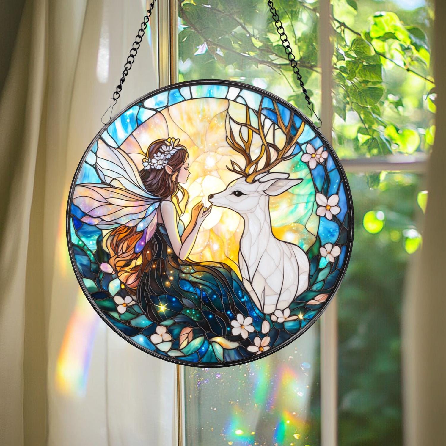 Fairy and Butterfly Hanging Glass Ornament, Fantasy Car Charm or Window Decoration, Magical Gift for Fairy Fans, Nature Spirit Decor