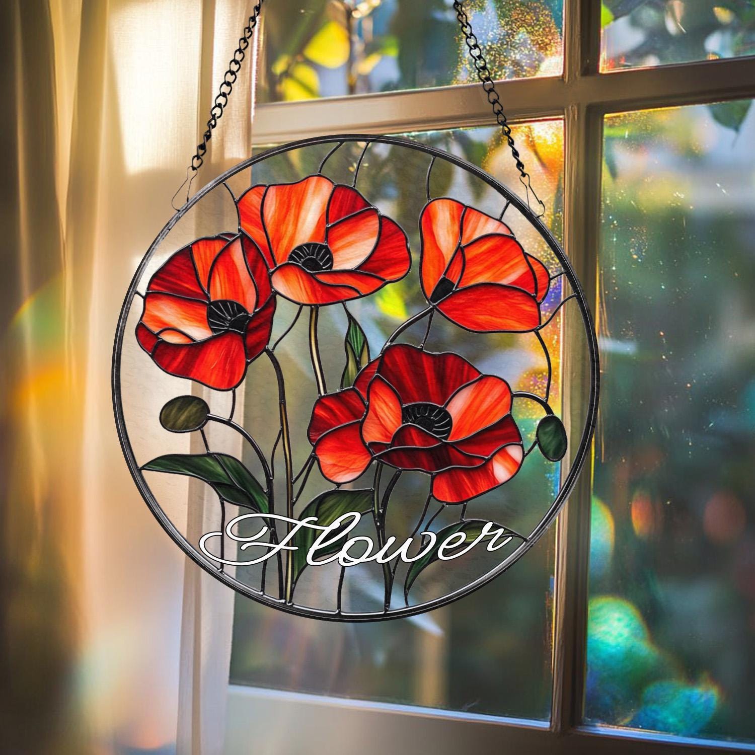 Poppy Flower Glass Suncatcher, California Botanical Window Art, Garden-Inspired Home Decor, Unique Floral Gift for Mom or Plant Lovers