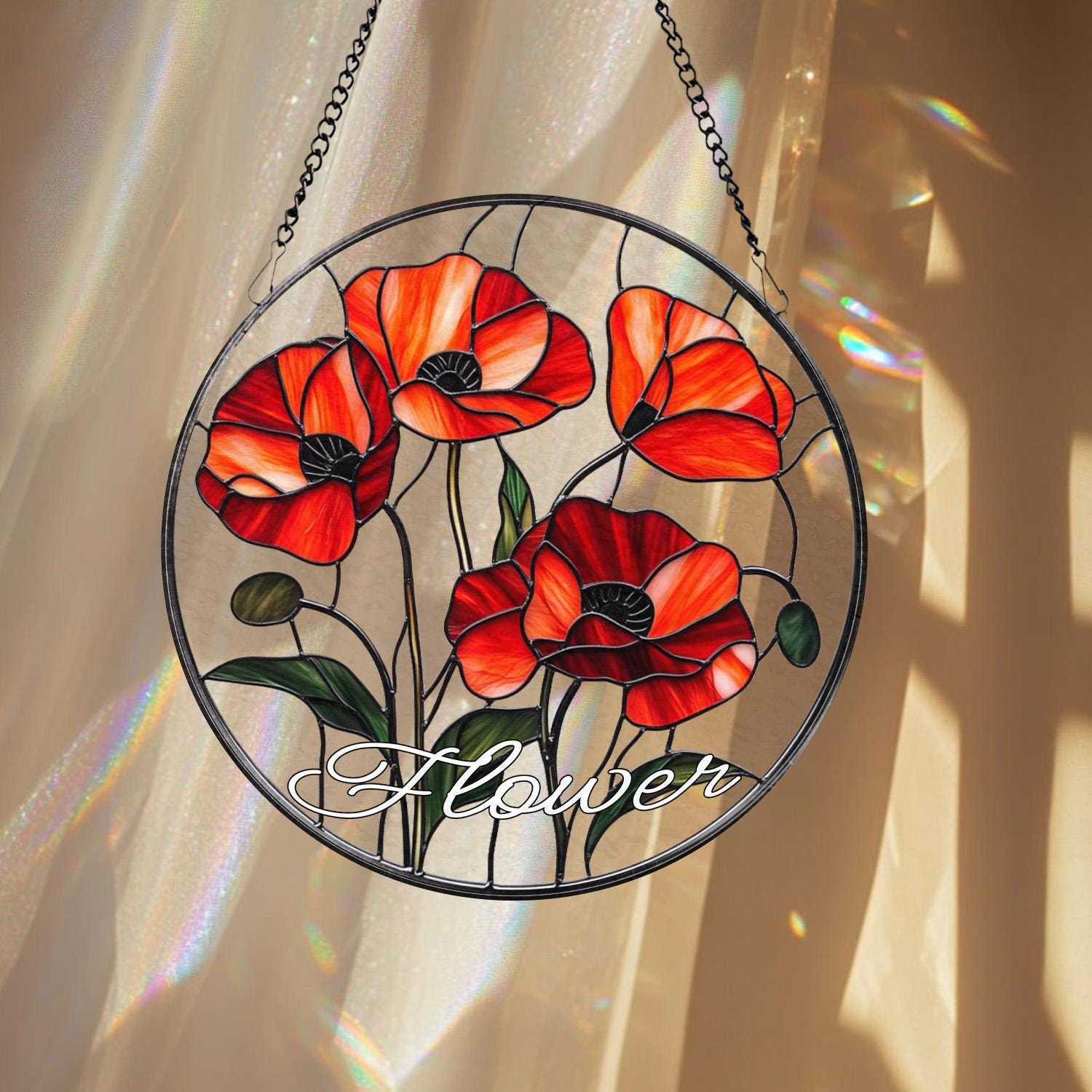 Poppy Flower Glass Suncatcher, California Botanical Window Art, Garden-Inspired Home Decor, Unique Floral Gift for Mom or Plant Lovers