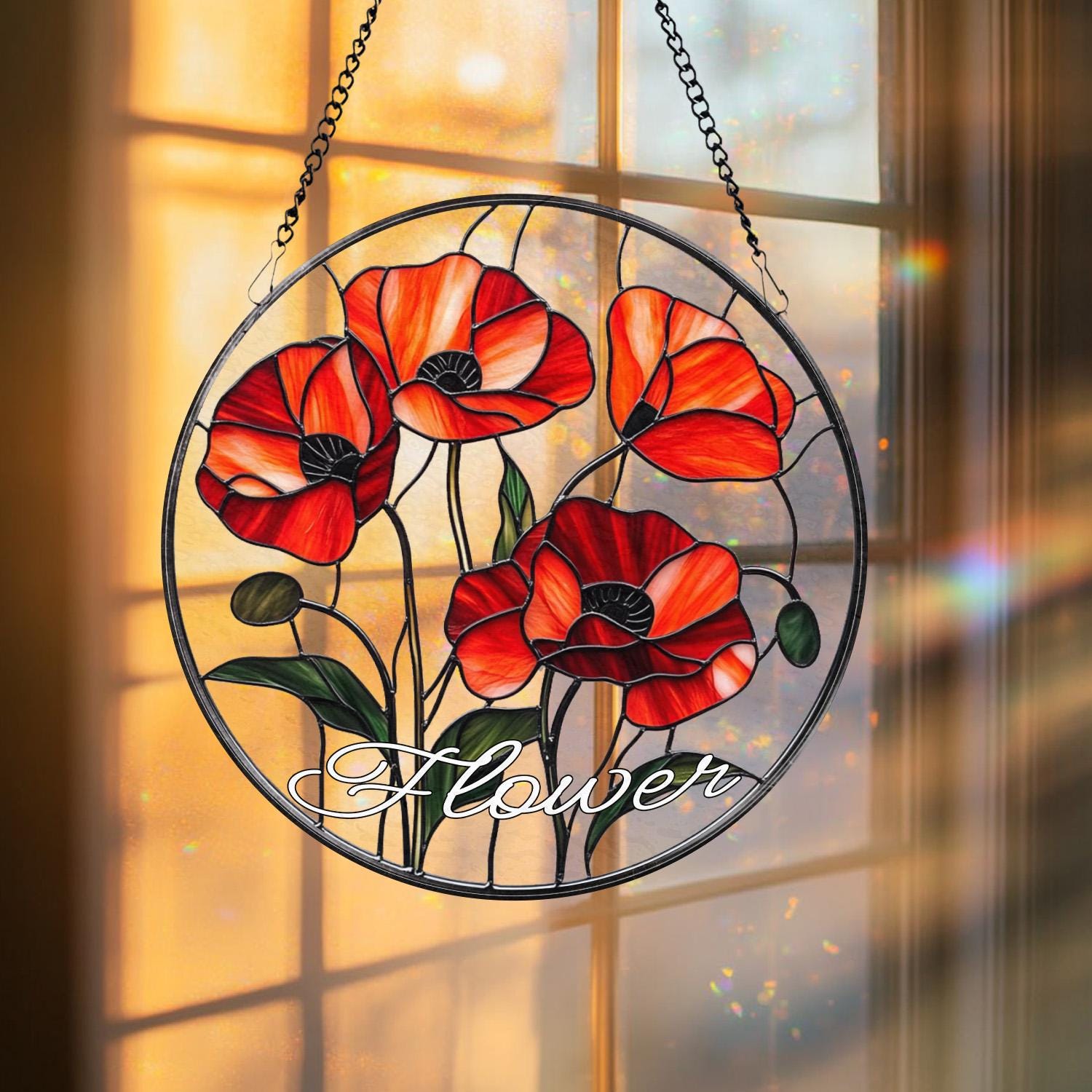Poppy Flower Glass Suncatcher, California Botanical Window Art, Garden-Inspired Home Decor, Unique Floral Gift for Mom or Plant Lovers