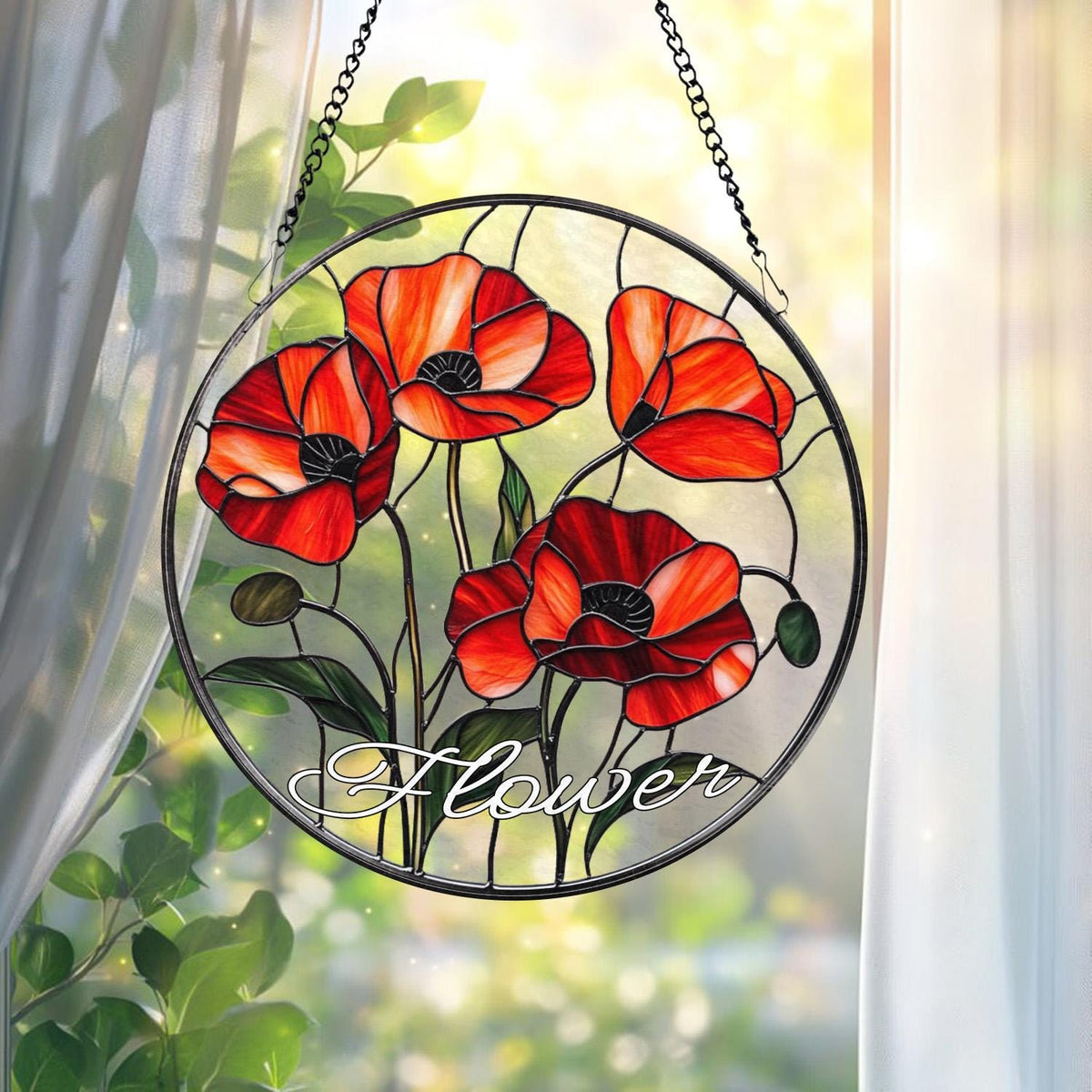 Poppy Flower Glass Suncatcher, California Botanical Window Art, Garden-Inspired Home Decor, Unique Floral Gift for Mom or Plant Lovers
