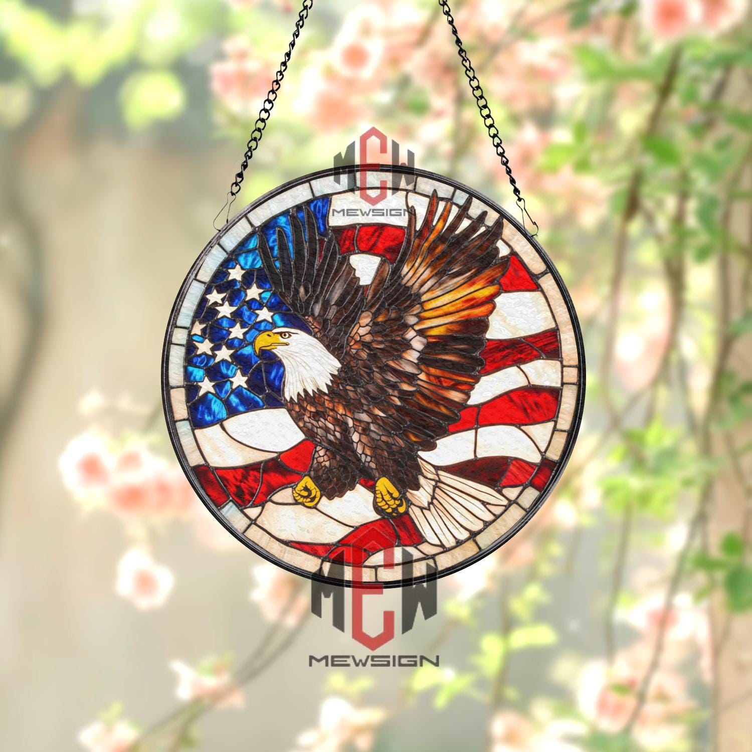 American Eagle Stained Glass Suncatcher, Patriotic Window Hanging, USA Flag Glass Panel, Bald Eagle Decor, 4th of July Gift