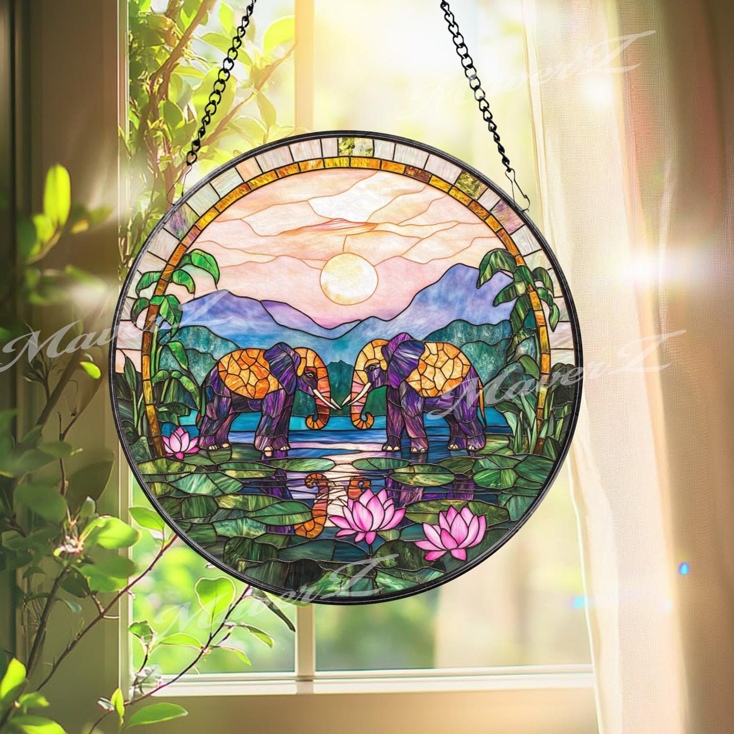 Elephant Stained Glass Suncatcher, Sunset Jungle Window Hanging, Lotus Pond Glass Panel, Boho Safari Decor, Peaceful Animal Gift