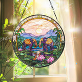 Elephant Stained Glass Suncatcher, Sunset Jungle Window Hanging, Lotus Pond Glass Panel, Boho Safari Decor, Peaceful Animal Gift