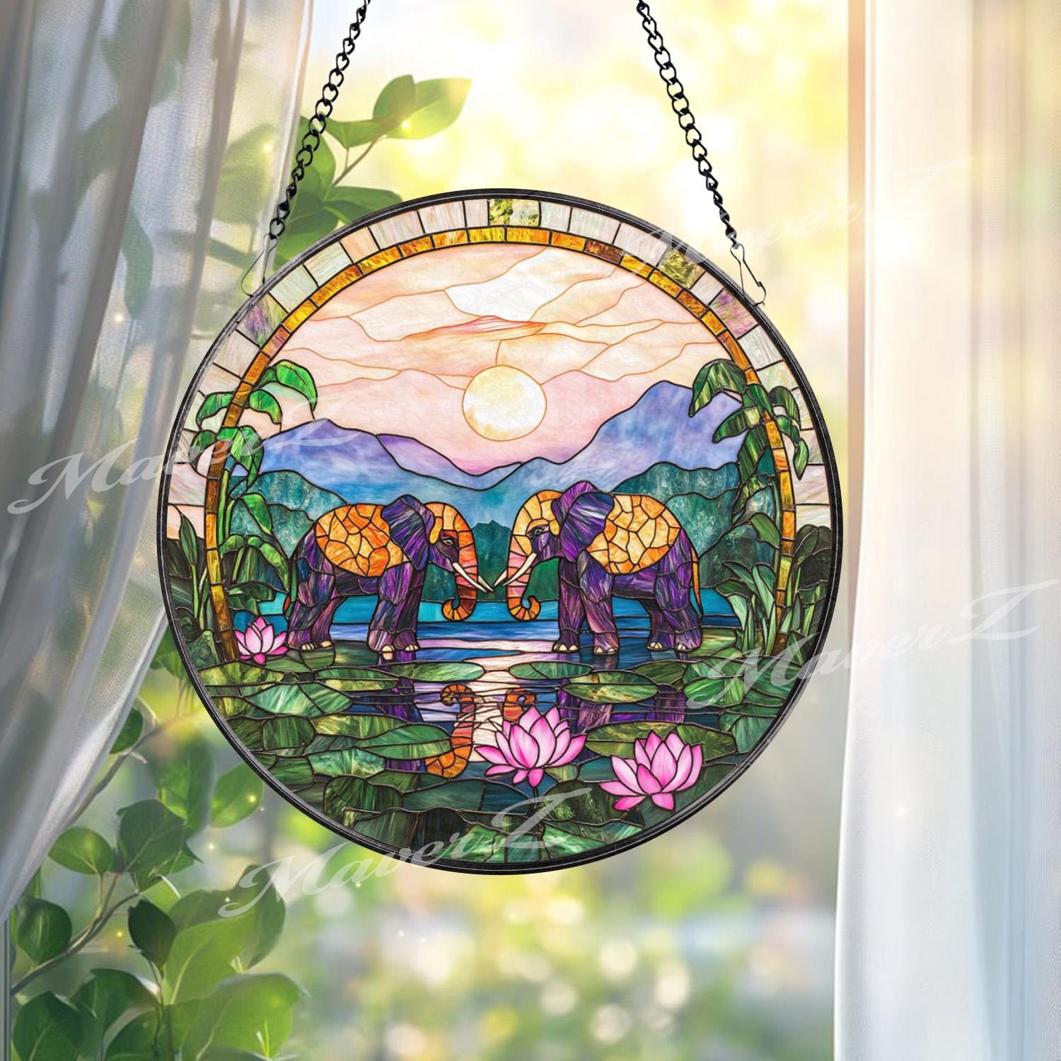 Elephant Stained Glass Suncatcher, Sunset Jungle Window Hanging, Lotus Pond Glass Panel, Boho Safari Decor, Peaceful Animal Gift