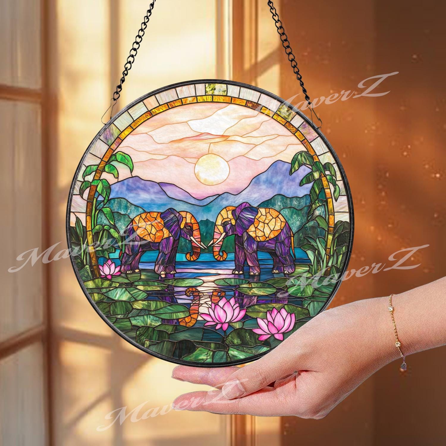 Elephant Stained Glass Suncatcher, Sunset Jungle Window Hanging, Lotus Pond Glass Panel, Boho Safari Decor, Peaceful Animal Gift