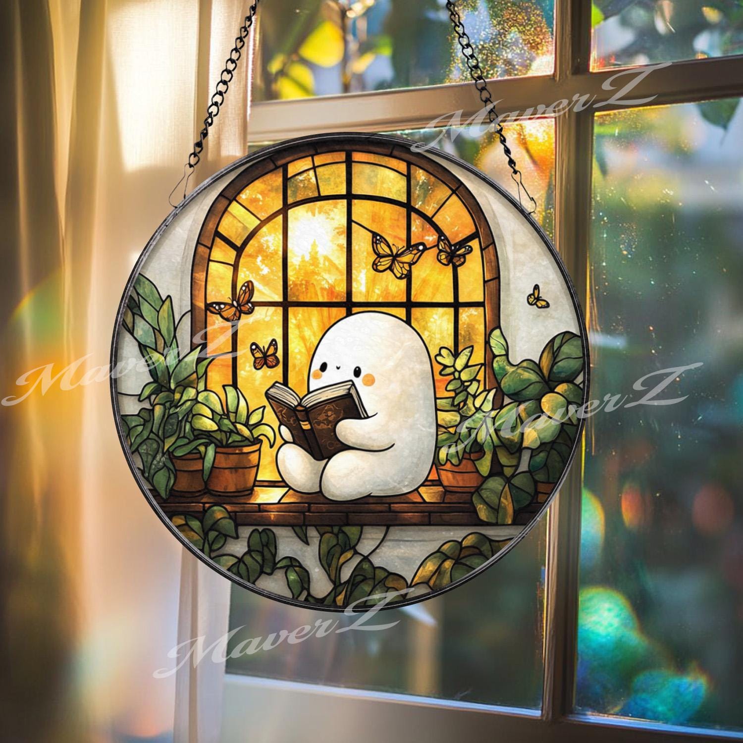 Cute Character Reading Suncatcher, Cozy Window Glass Panel, Book Lover Decor, Plant Lover Window Art, Whimsical Butterfly Gift