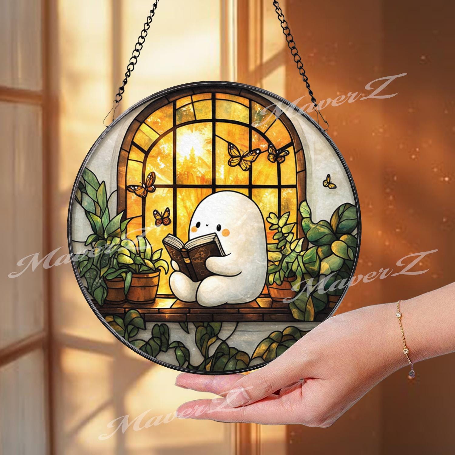Cute Character Reading Suncatcher, Cozy Window Glass Panel, Book Lover Decor, Plant Lover Window Art, Whimsical Butterfly Gift
