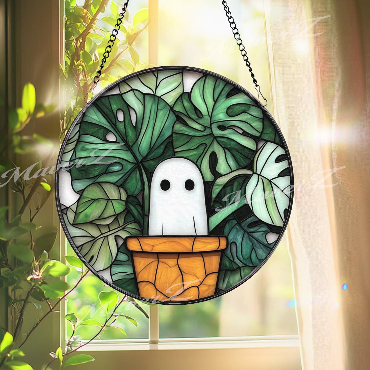 Cute Ghost in Plant Pot Suncatcher, Monstera Leaf Stained Glass Panel, Funny Window Hanging, Kawaii Ghost Decor, Plant Lover Gift