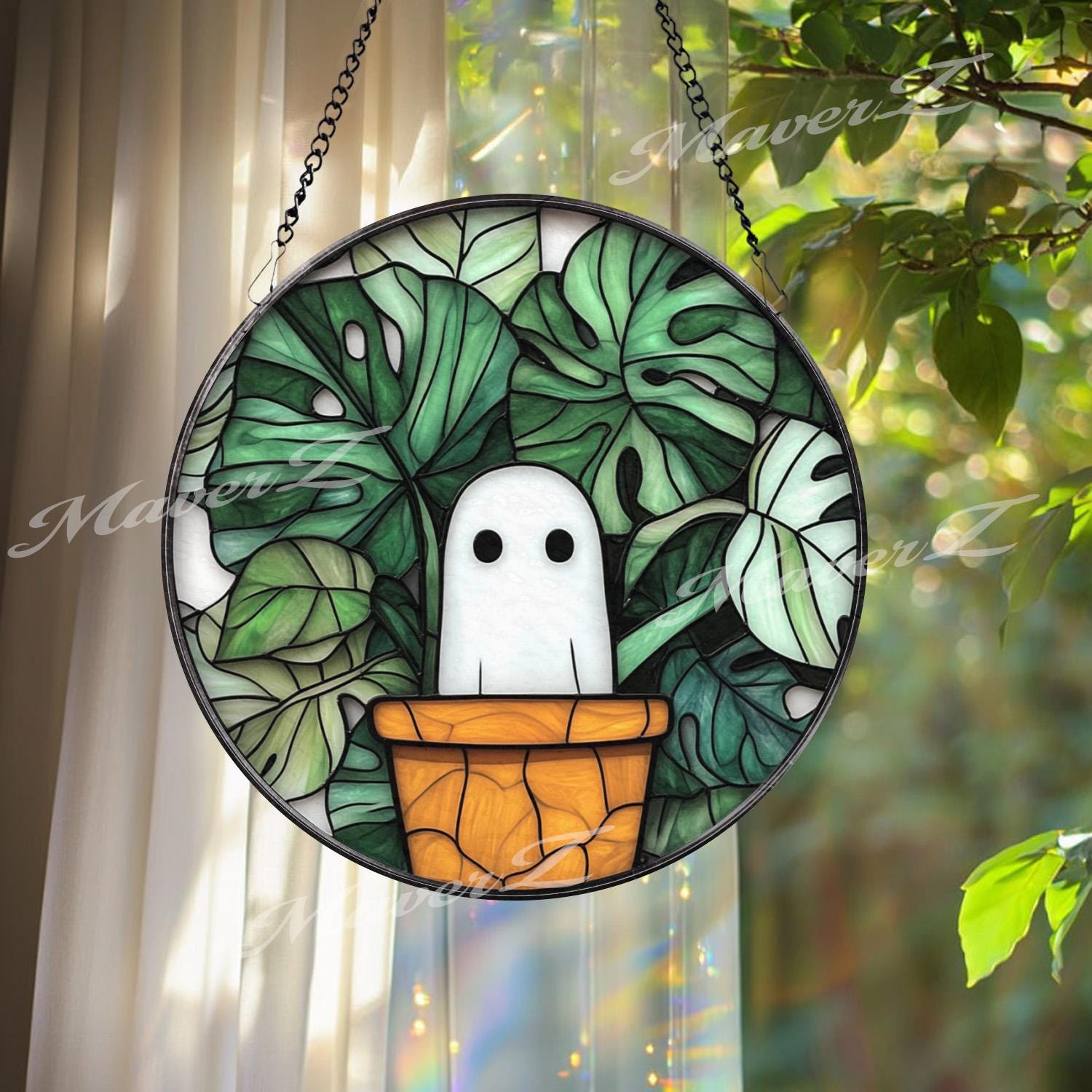 Cute Ghost in Plant Pot Suncatcher, Monstera Leaf Stained Glass Panel, Funny Window Hanging, Kawaii Ghost Decor, Plant Lover Gift