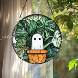 Cute Ghost in Plant Pot Suncatcher, Monstera Leaf Stained Glass Panel, Funny Window Hanging, Kawaii Ghost Decor, Plant Lover Gift