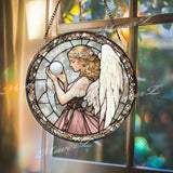 Angel Stained Glass Suncatcher, Elegant Angel with Orb Glass Panel, Spiritual Window Hanging, Guardian Angel Decor, Peaceful Gift