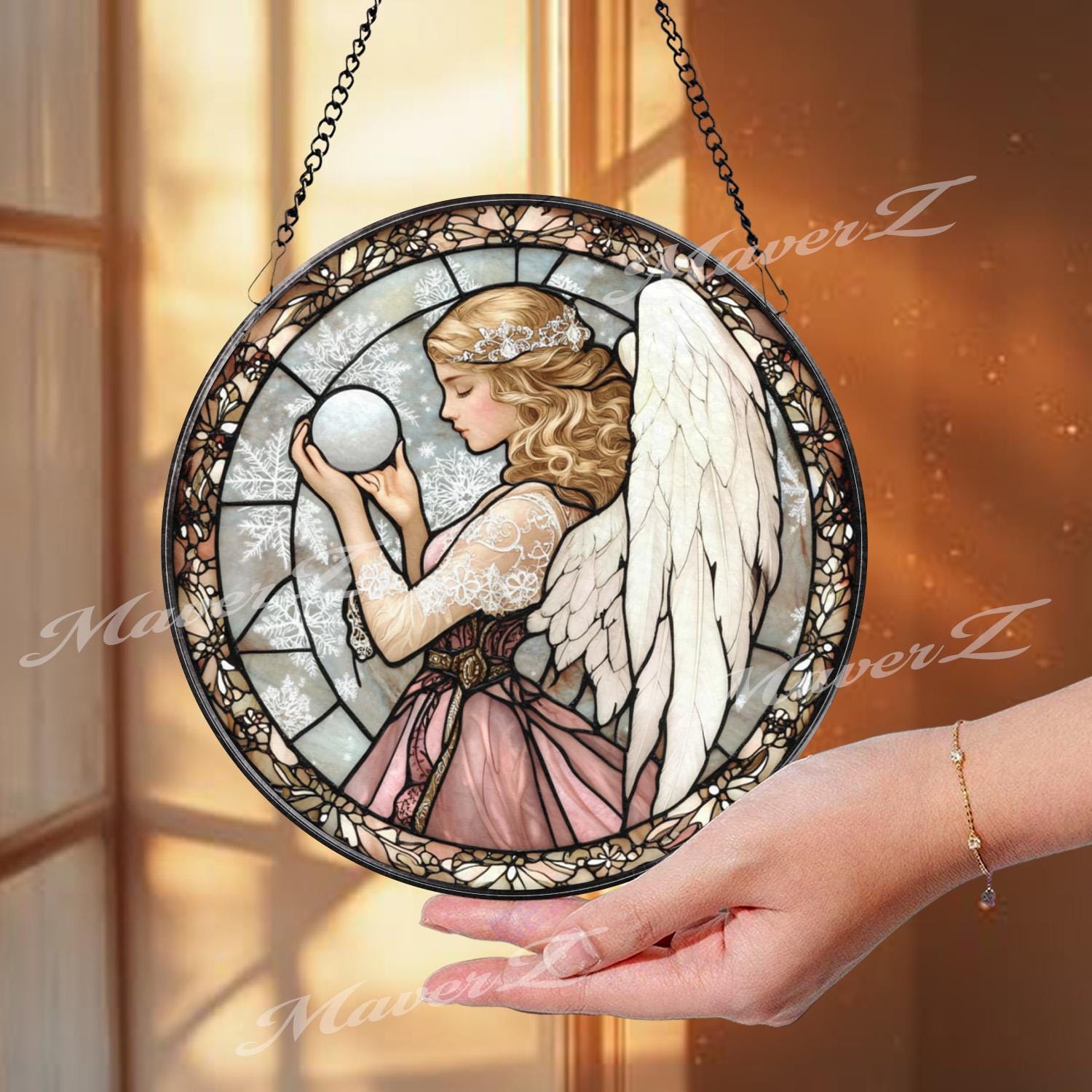 Angel Stained Glass Suncatcher, Elegant Angel with Orb Glass Panel, Spiritual Window Hanging, Guardian Angel Decor, Peaceful Gift