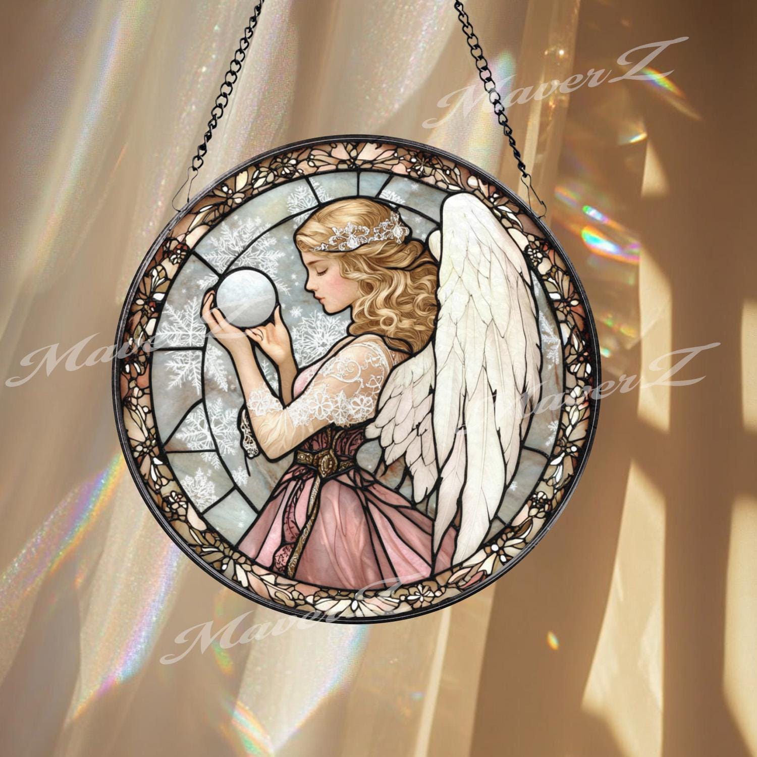 Angel Stained Glass Suncatcher, Elegant Angel with Orb Glass Panel, Spiritual Window Hanging, Guardian Angel Decor, Peaceful Gift