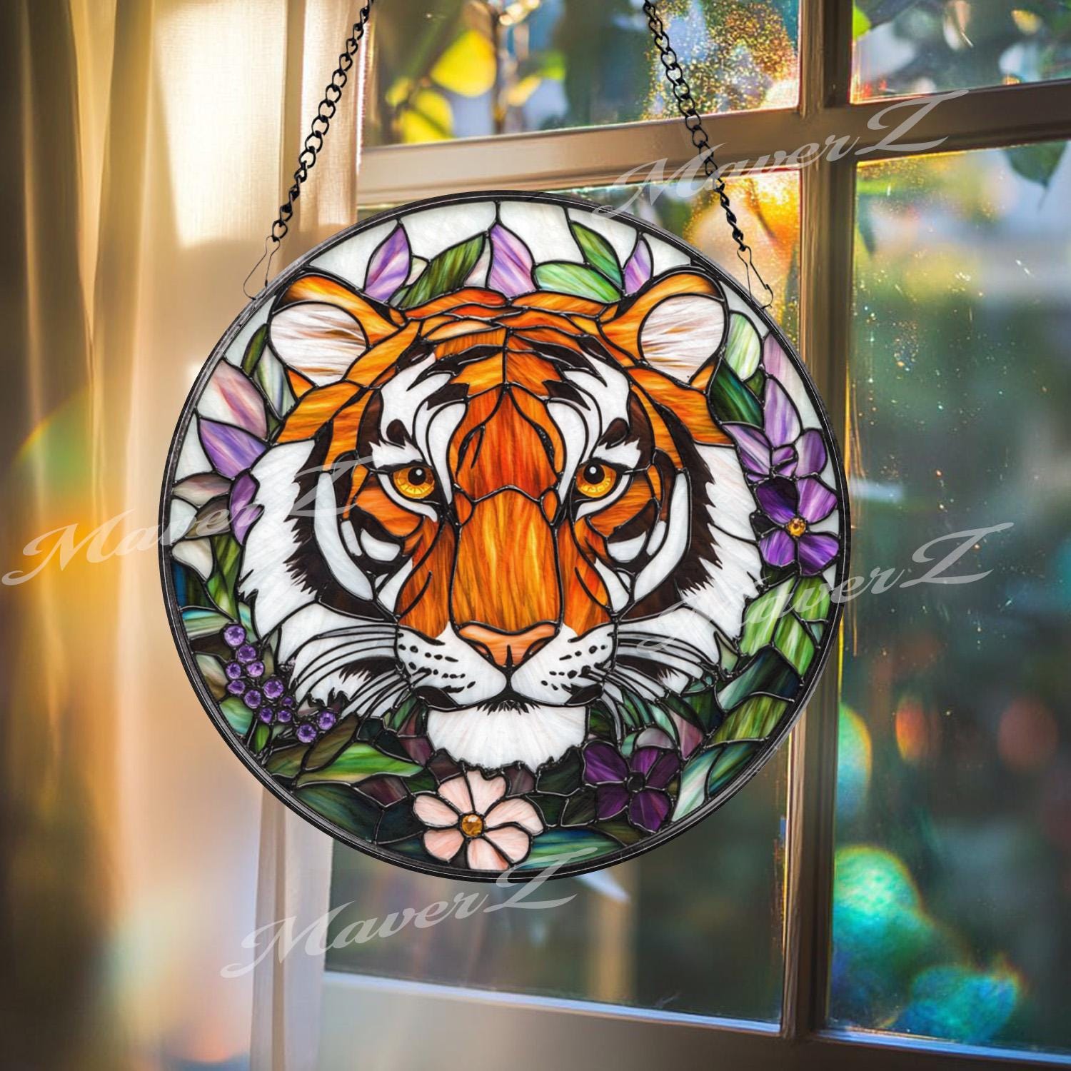 Tiger Stained Glass Suncatcher, Floral Jungle Window Hanging, Fierce Wildcat Glass Panel, Boho Nature Decor, Animal Lover Gift