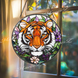 Tiger Stained Glass Suncatcher, Floral Jungle Window Hanging, Fierce Wildcat Glass Panel, Boho Nature Decor, Animal Lover Gift