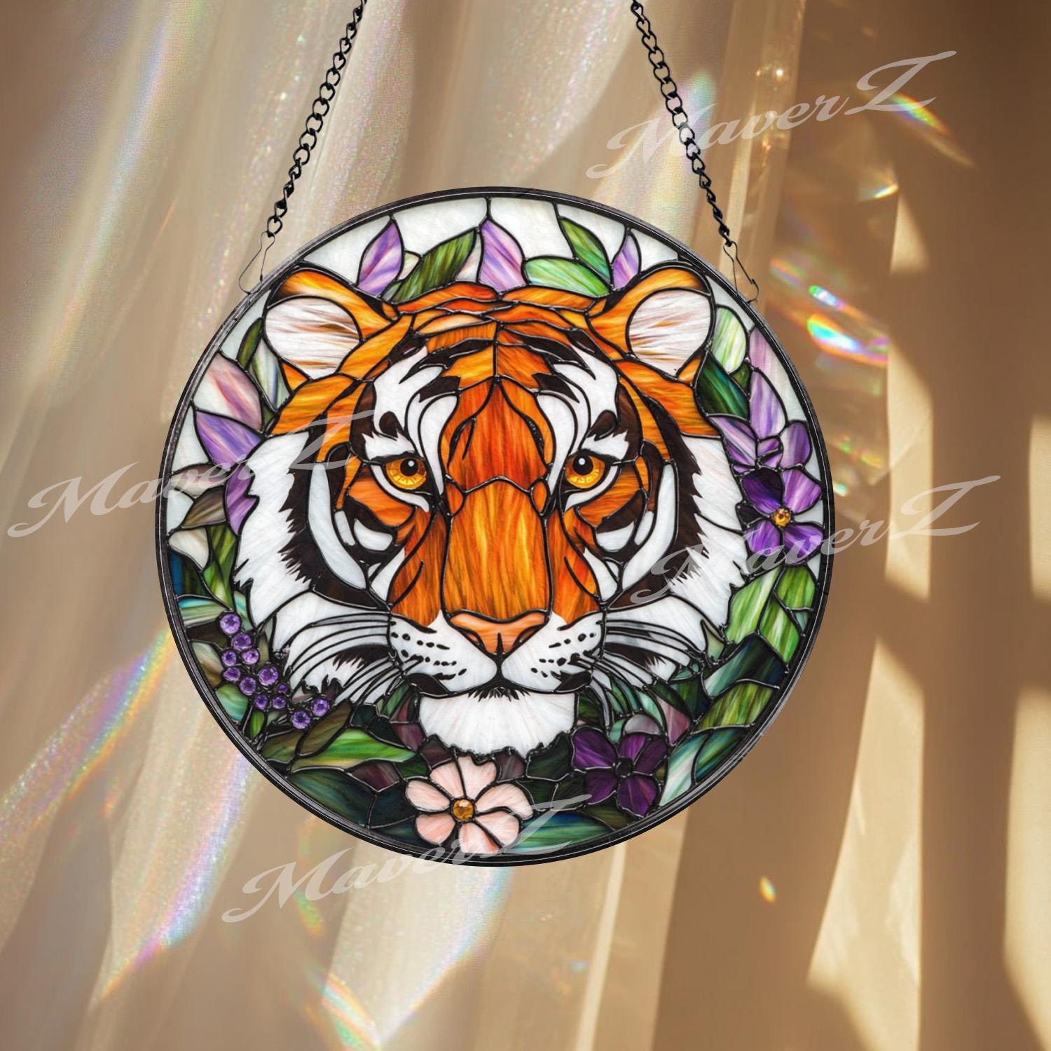 Tiger Stained Glass Suncatcher, Floral Jungle Window Hanging, Fierce Wildcat Glass Panel, Boho Nature Decor, Animal Lover Gift