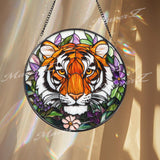 Tiger Stained Glass Suncatcher, Floral Jungle Window Hanging, Fierce Wildcat Glass Panel, Boho Nature Decor, Animal Lover Gift