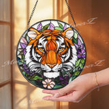 Tiger Stained Glass Suncatcher, Floral Jungle Window Hanging, Fierce Wildcat Glass Panel, Boho Nature Decor, Animal Lover Gift