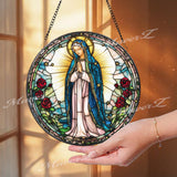 Our Lady of Guadalupe Stained Glass Suncatcher, Virgin Mary Window Hanging, Catholic Rose Decor, Religious Glass Panel, Prayer Gift