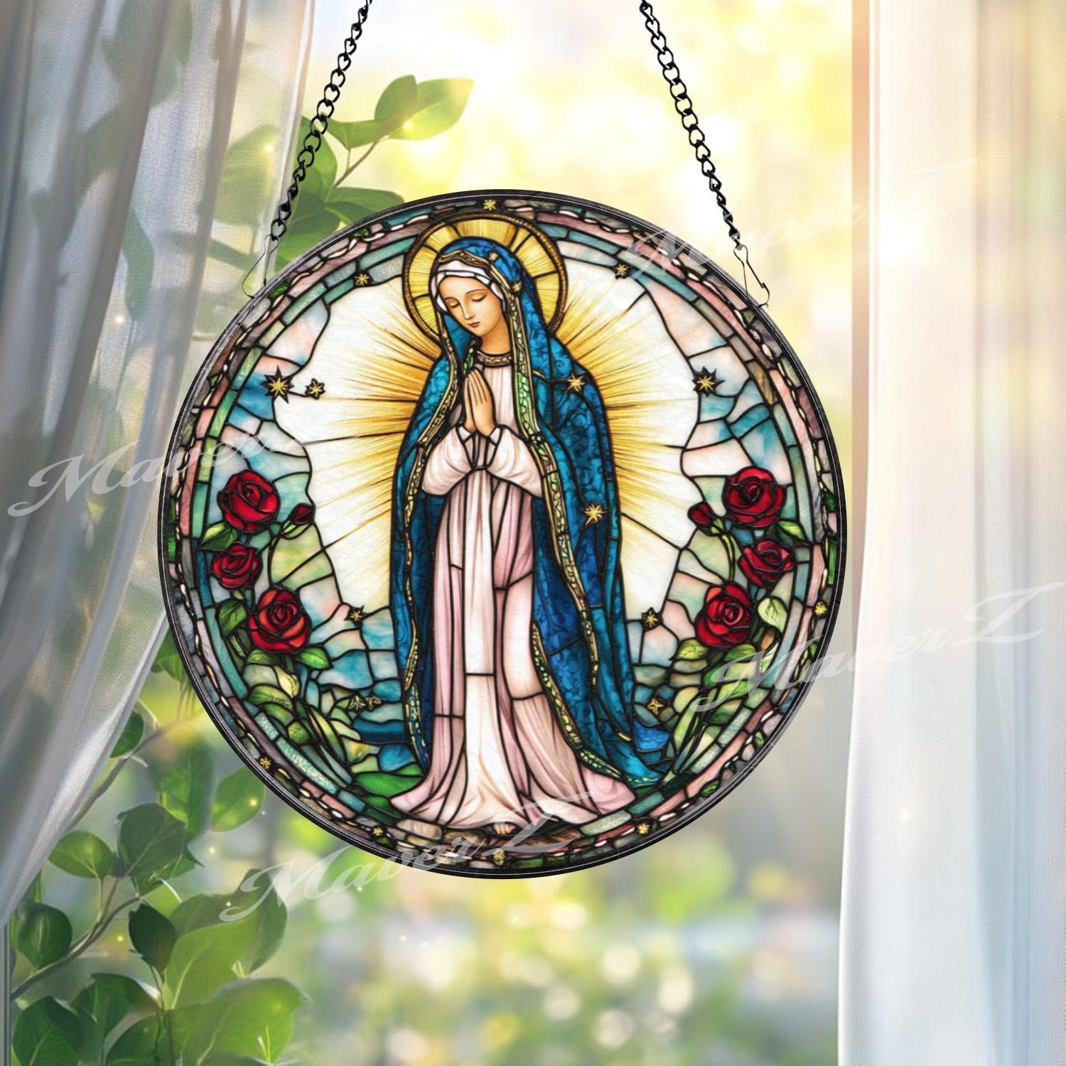 Our Lady of Guadalupe Stained Glass Suncatcher, Virgin Mary Window Hanging, Catholic Rose Decor, Religious Glass Panel, Prayer Gift