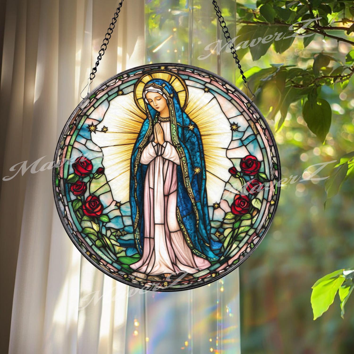 Our Lady of Guadalupe Stained Glass Suncatcher, Virgin Mary Window Hanging, Catholic Rose Decor, Religious Glass Panel, Prayer Gift