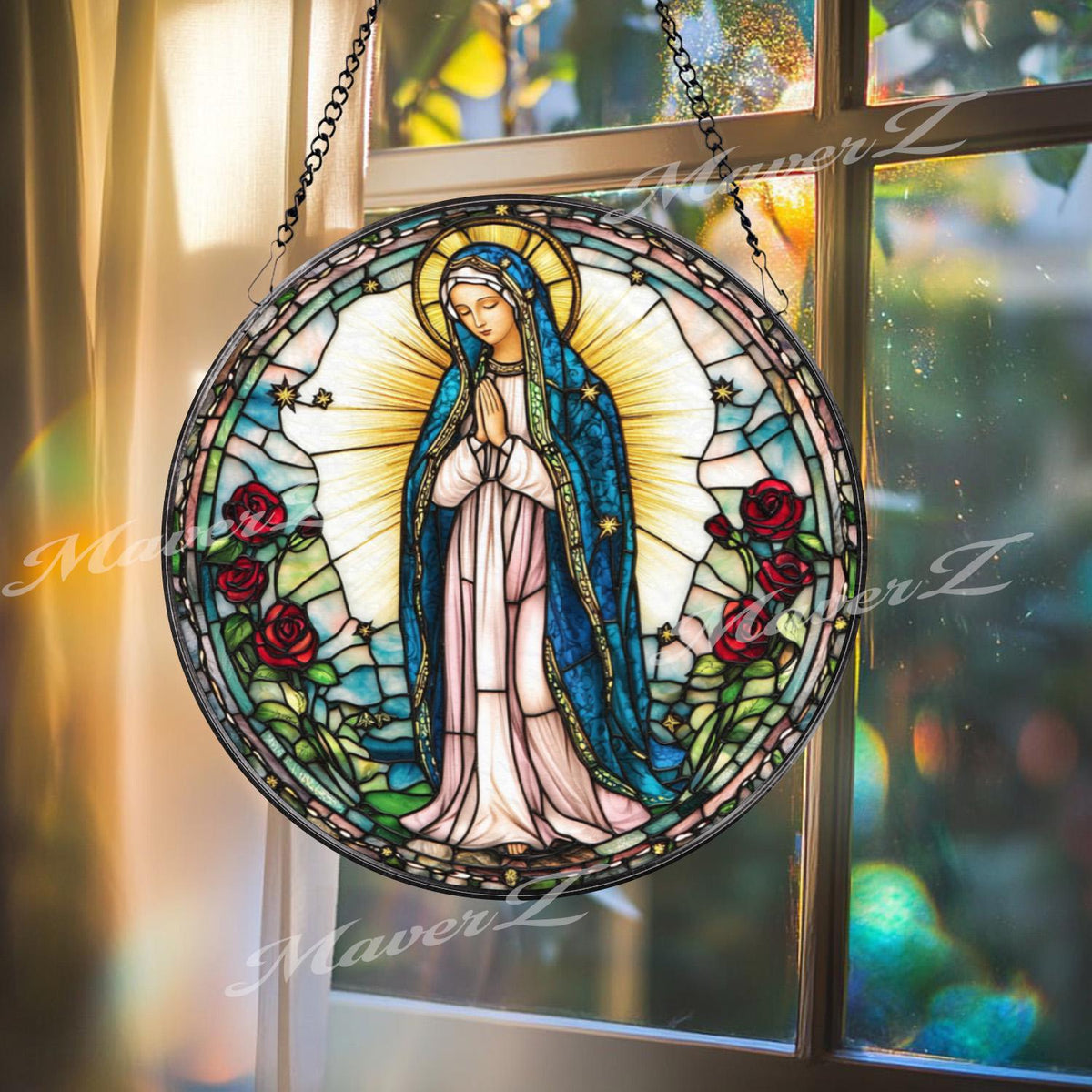 Our Lady of Guadalupe Stained Glass Suncatcher, Virgin Mary Window Hanging, Catholic Rose Decor, Religious Glass Panel, Prayer Gift