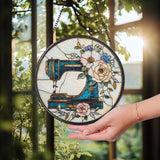 Personalized Sewing Machine Glass Suncatcher, Wildflower Window Hanging for Tailor Shop or Sewing Room, Gift for Mom or Craft Lover
