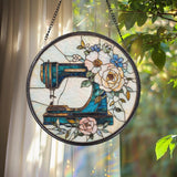 Personalized Sewing Machine Glass Suncatcher, Wildflower Window Hanging for Tailor Shop or Sewing Room, Gift for Mom or Craft Lover