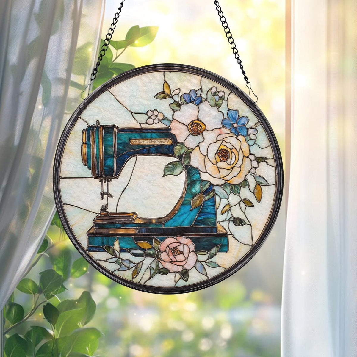 Personalized Sewing Machine Glass Suncatcher, Wildflower Window Hanging for Tailor Shop or Sewing Room, Gift for Mom or Craft Lover