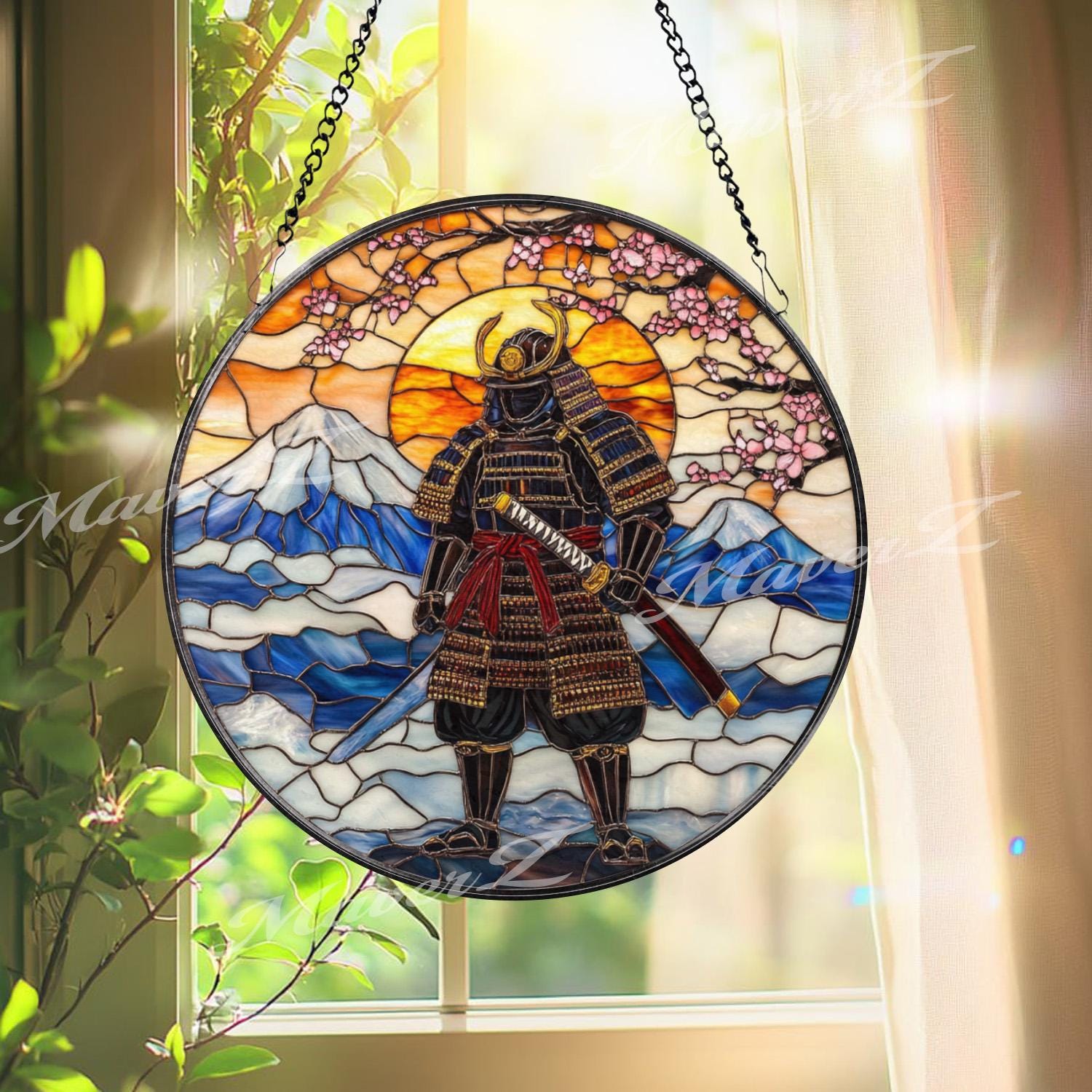 Samurai Warrior Stained Glass Suncatcher, Mount Fuji Window Hanging, Rising Sun Glass Art, Japanese Bushido Decor, Zen Gift for Him