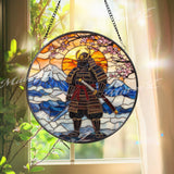 Samurai Warrior Stained Glass Suncatcher, Mount Fuji Window Hanging, Rising Sun Glass Art, Japanese Bushido Decor, Zen Gift for Him