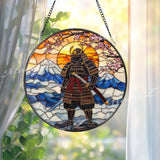 Samurai Warrior Stained Glass Suncatcher, Mount Fuji Window Hanging, Rising Sun Glass Art, Japanese Bushido Decor, Zen Gift for Him