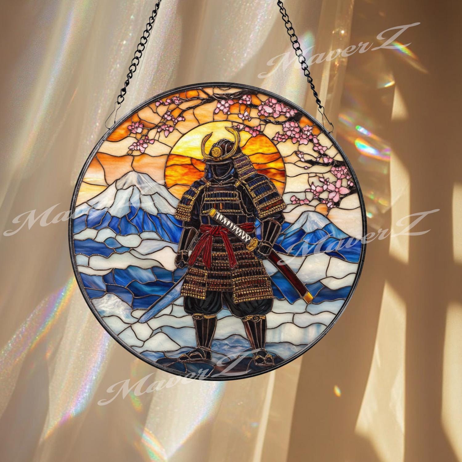 Samurai Warrior Stained Glass Suncatcher, Mount Fuji Window Hanging, Rising Sun Glass Art, Japanese Bushido Decor, Zen Gift for Him