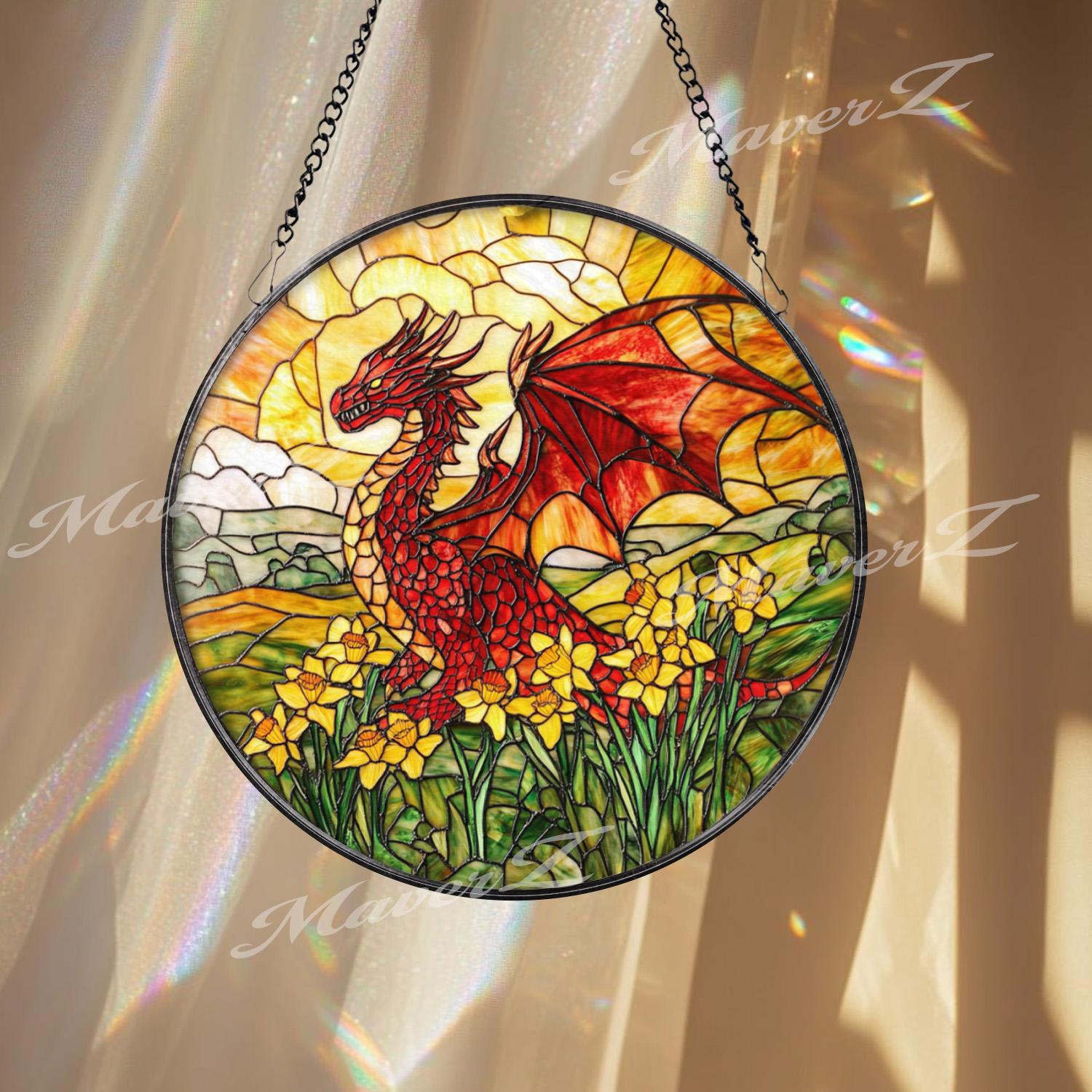 Red Dragon Stained Glass Suncatcher, Fantasy Window Decor, Daffodil Field Art Panel, Mythical Creature Sun Catcher Gift