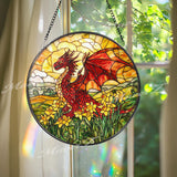 Red Dragon Stained Glass Suncatcher, Fantasy Window Decor, Daffodil Field Art Panel, Mythical Creature Sun Catcher Gift