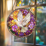 White Dove Stained Glass Suncatcher, Peace Bird Window Hanging, Floral Violet Panel, Serenity Home Decor, Spiritual Sun Catcher Gift