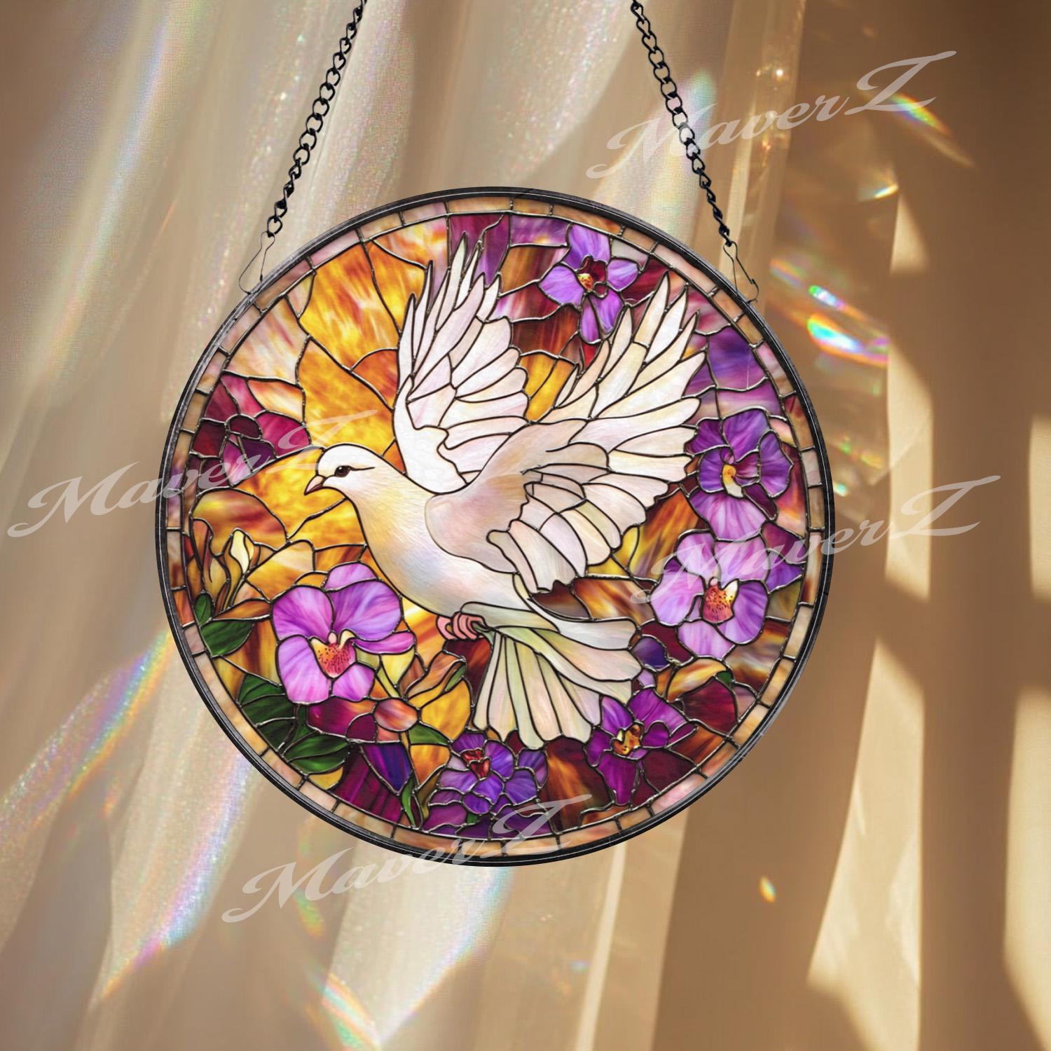 White Dove Stained Glass Suncatcher, Peace Bird Window Hanging, Floral Violet Panel, Serenity Home Decor, Spiritual Sun Catcher Gift