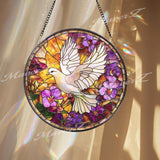 White Dove Stained Glass Suncatcher, Peace Bird Window Hanging, Floral Violet Panel, Serenity Home Decor, Spiritual Sun Catcher Gift
