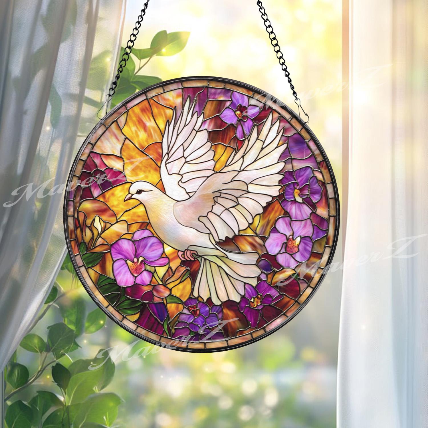 White Dove Stained Glass Suncatcher, Peace Bird Window Hanging, Floral Violet Panel, Serenity Home Decor, Spiritual Sun Catcher Gift